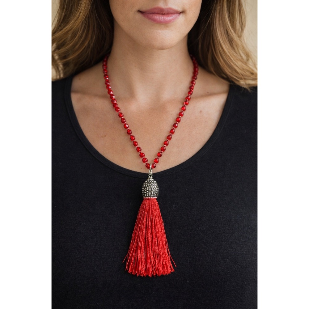 Red Beaded Tassel Statement Necklace Pave Cap Adjustable Long Strand